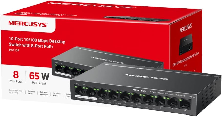 MERCUSYS 10-Port 10/100Mbps Desktop Switch with 8-Port PoE+, PoE Power Budget 65W By TP-Link