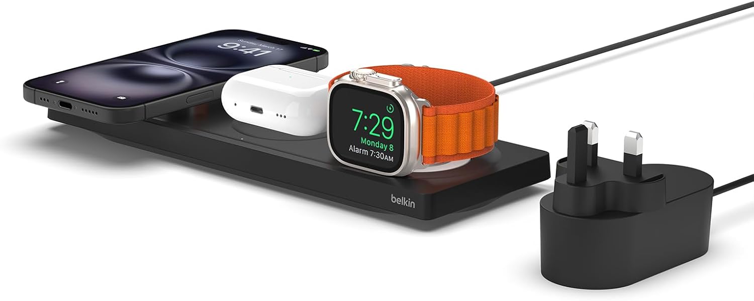 Belkin BoostCharge Pro Spring Sale 3-in-1 Wireless Charging Pad with Official MagSafe Charging 15W for iPhone 16 -Black 