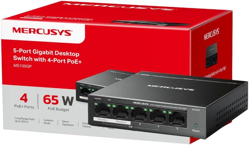 MERCUSYS 5-Port Gigabit Desktop Ethernet Switch with 4-Port PoE+, PoE Power Budget 65W by TP-Link