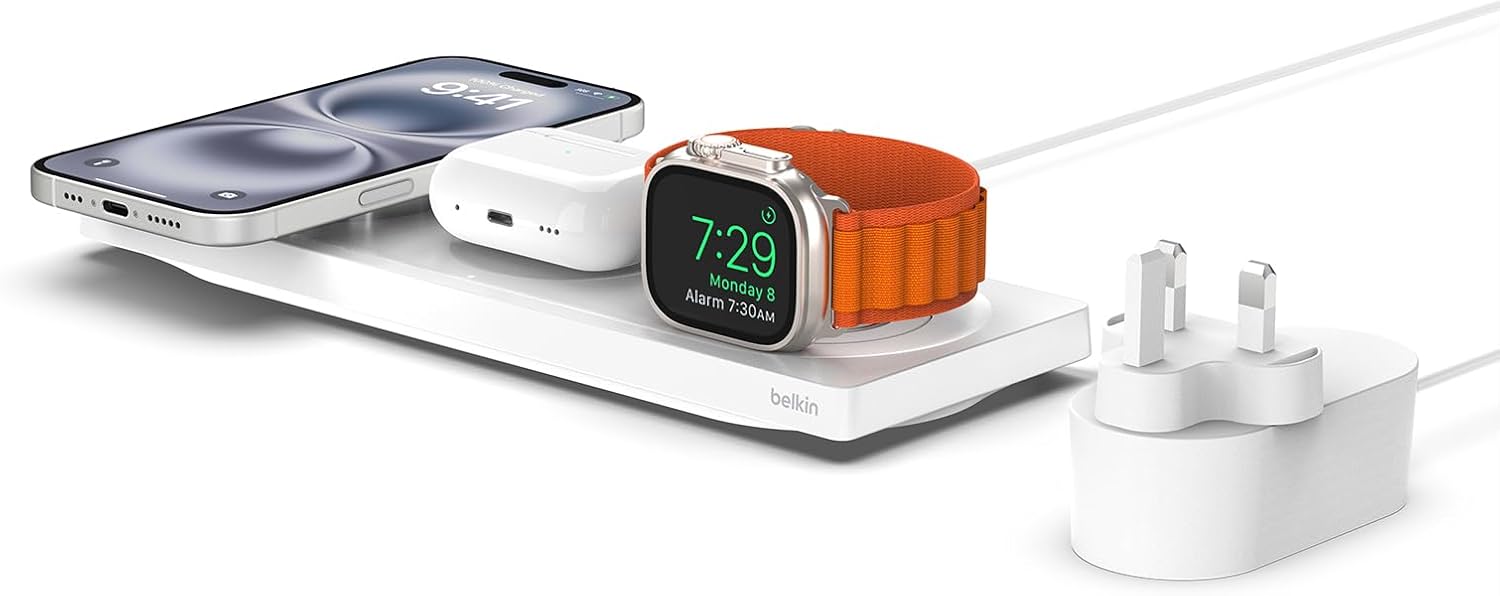 Belkin BoostCharge Pro Spring Sale 3-in-1 Wireless Charging Pad with Official MagSafe Charging 15W for iPhone 16 -White 