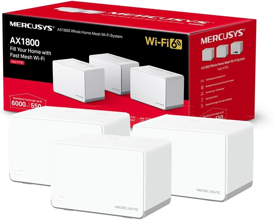 Mercusys Halo H70X AX1800 Whole Home Mesh Wi-Fi 6 Dual Band SystemUK 3-pack