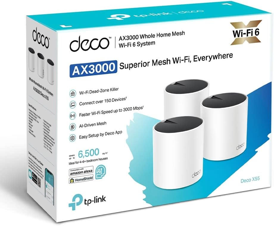 TP-Link Deco X55 AX3000 Whole Home AI-Driven Mesh Wi-Fi 6 System, Dual-Band Gigabit Pack of 3