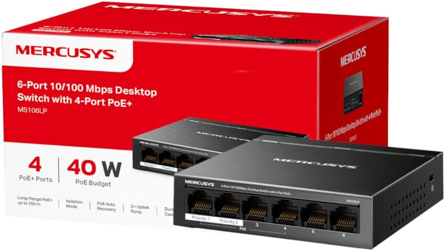 MERCUSYS 6-Port 10/100Mbps Desktop Switch with 4-Port PoE+, PoE Power Budget 40W By TP-Link