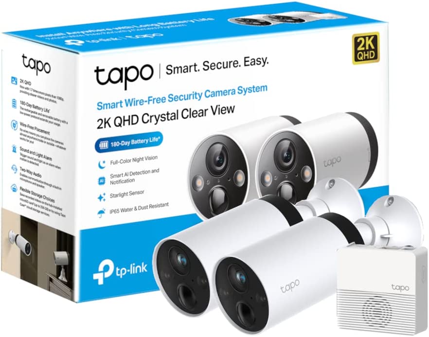 TP-Link Tapo 2K QHD WiFi Wire-Free Outdoor Security Camera 2-Cam with Hub 4MP AI UK