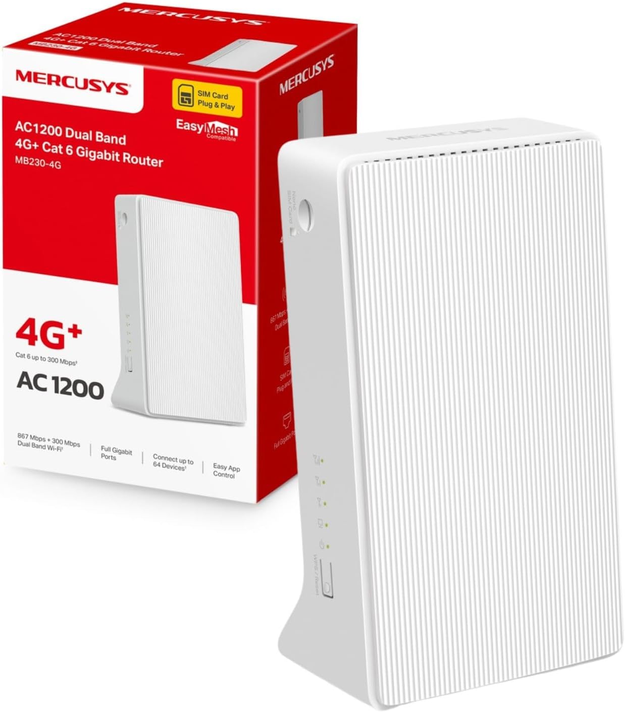 Mercusys MB230-4G 4G+ Cat6 AC1200 Wireless Dual Band Gigabit Router Sim Free