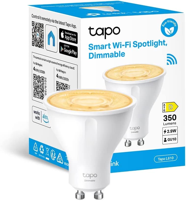 TP-Link Tapo L610 Tapo Smart Wi-Fi Spotlight Dimmable 2700 K Warm Light GU10 Lamp Base, Remote Control