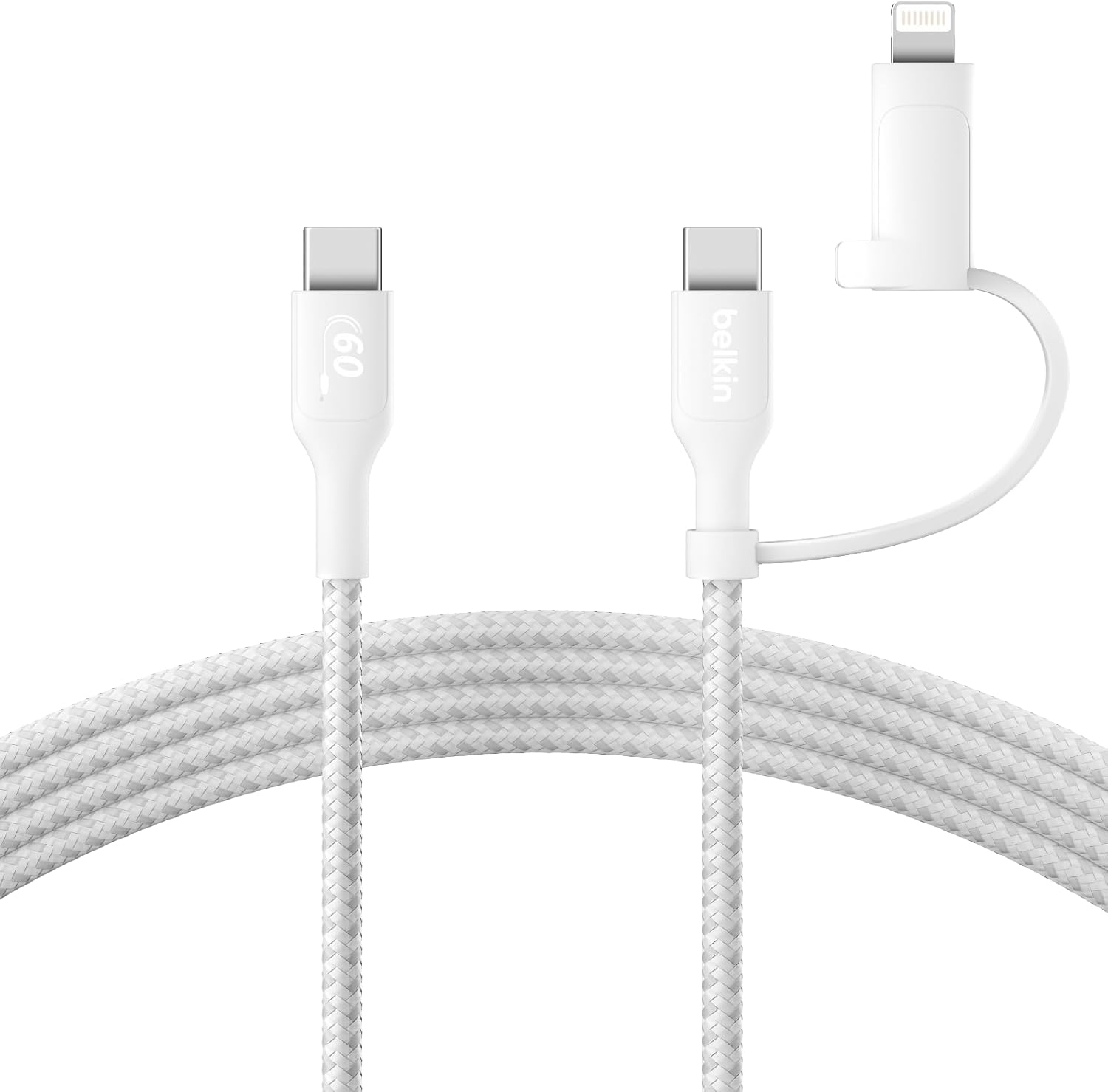 Belkin BoostCharge Pro 2-in-1 Cable with USB-C and Lightning Connector for Apple iPhone Samsung  - White
