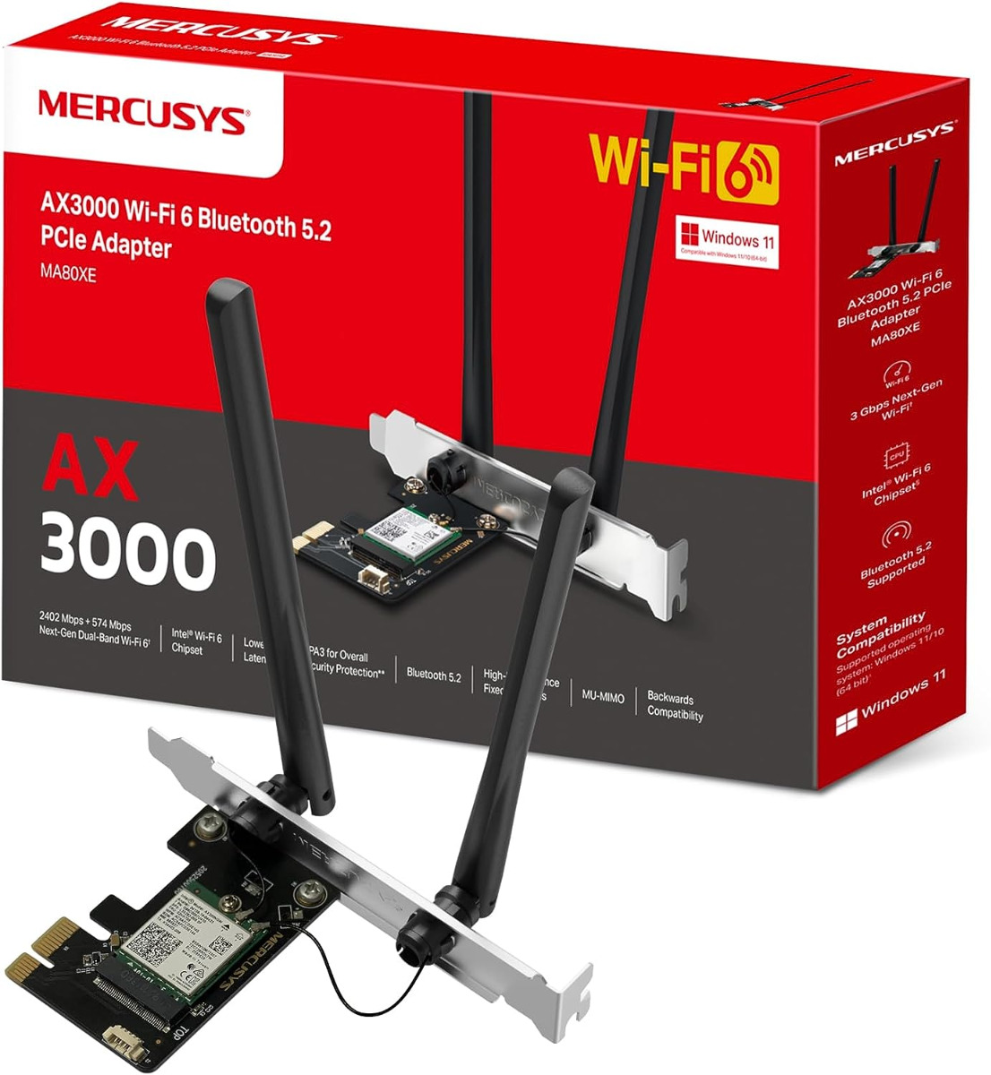 Mercusys AX3000 Dual-Band Wi-Fi 6 Bluetooth 5.2 PCIe Adapter 4K, Latest WPA3 by TP-Link 