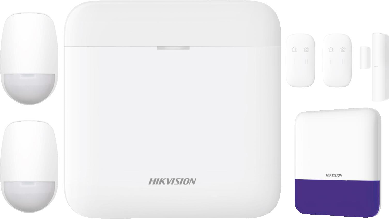 Hikvision DS-PWA64-KIT1-WE AX PRO Bundle includes 1 AXPRO L-level hub, 2 PIR detectors, 2 keyfobs, 1 magnetic contact, 1 external siren