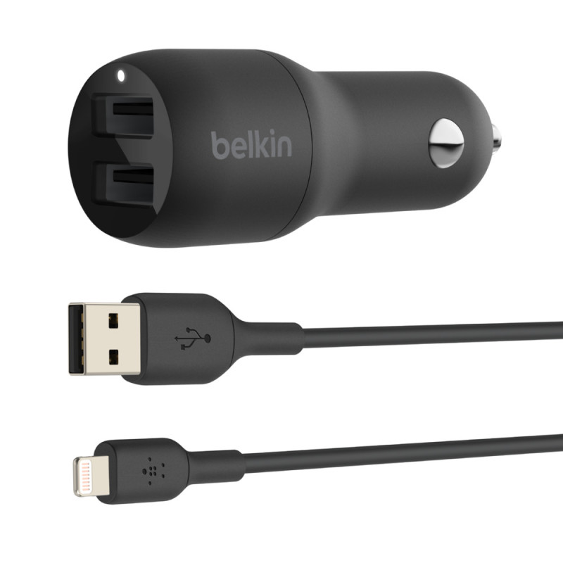 Belkin Boost Dual USB-A Car Charger 24W + USB-A to Lightning Cable for iPhone