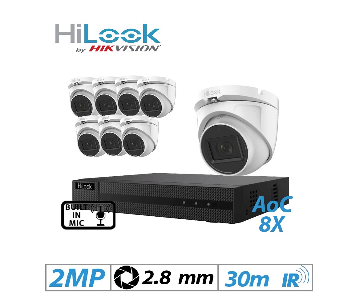 HiLook 2MP 8Ch DVR-208G-F1 8 X Outdoor HD Eyeball Mic Cameras CCTV System KIT 1TB