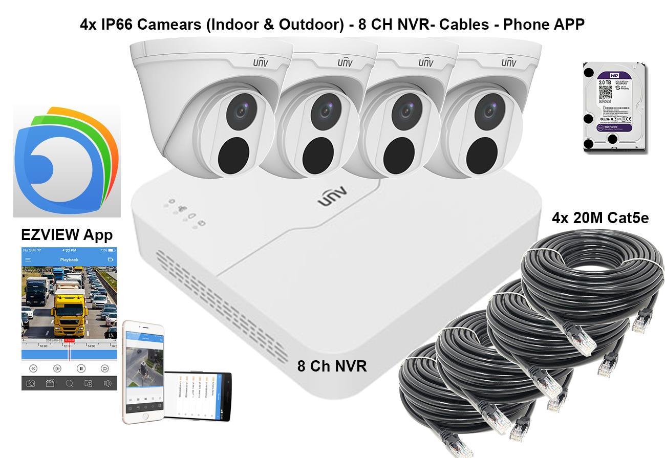 Uniview 8 Channel NVR 2MP HD NVR301-08LB-P8 & 4 x 2MP 2.8mm Turret IP Cameras CCTV KIT 2TB