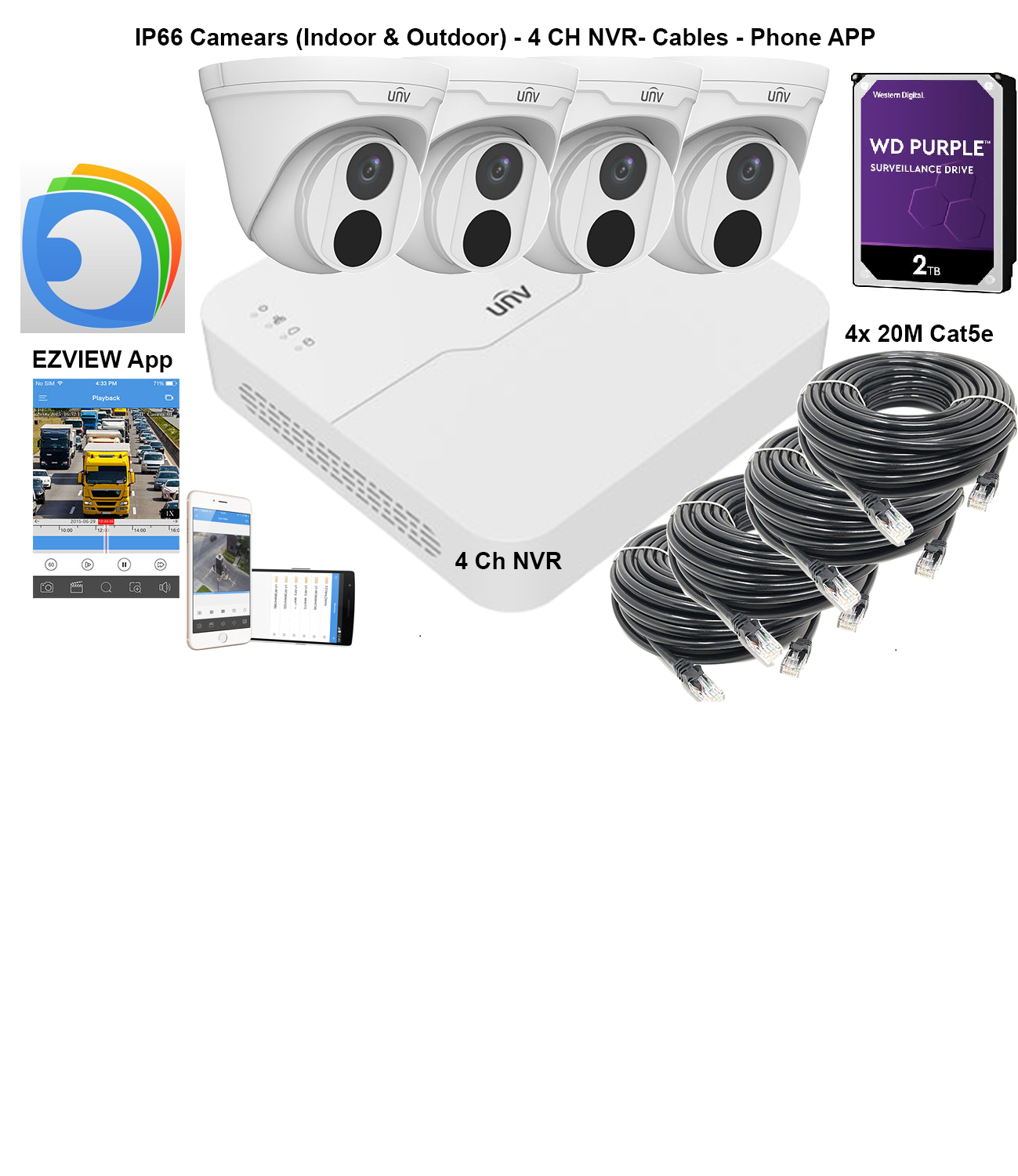 Uniview CCTV kit 4 IP Turret cameras 2MP 4 Channel NVR with 2TB HDD