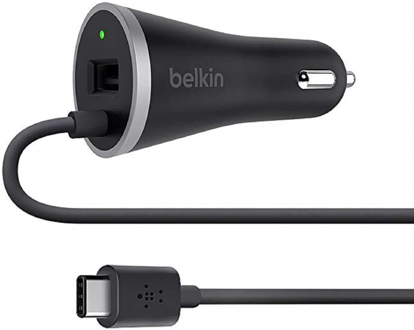Belkin USB-C 15W Car Charger with USB-A Pass Through Cable for Galaxy S10+ S10 S10e S9+ Note MacBook Pro Google