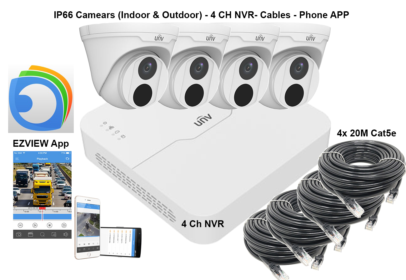 Uniview 4 Channel NVR 2MP HD NVR301-04LB-P4 & 4 x 2MP 2.8mm Turret IP Cameras CCTV KIT NO HDD