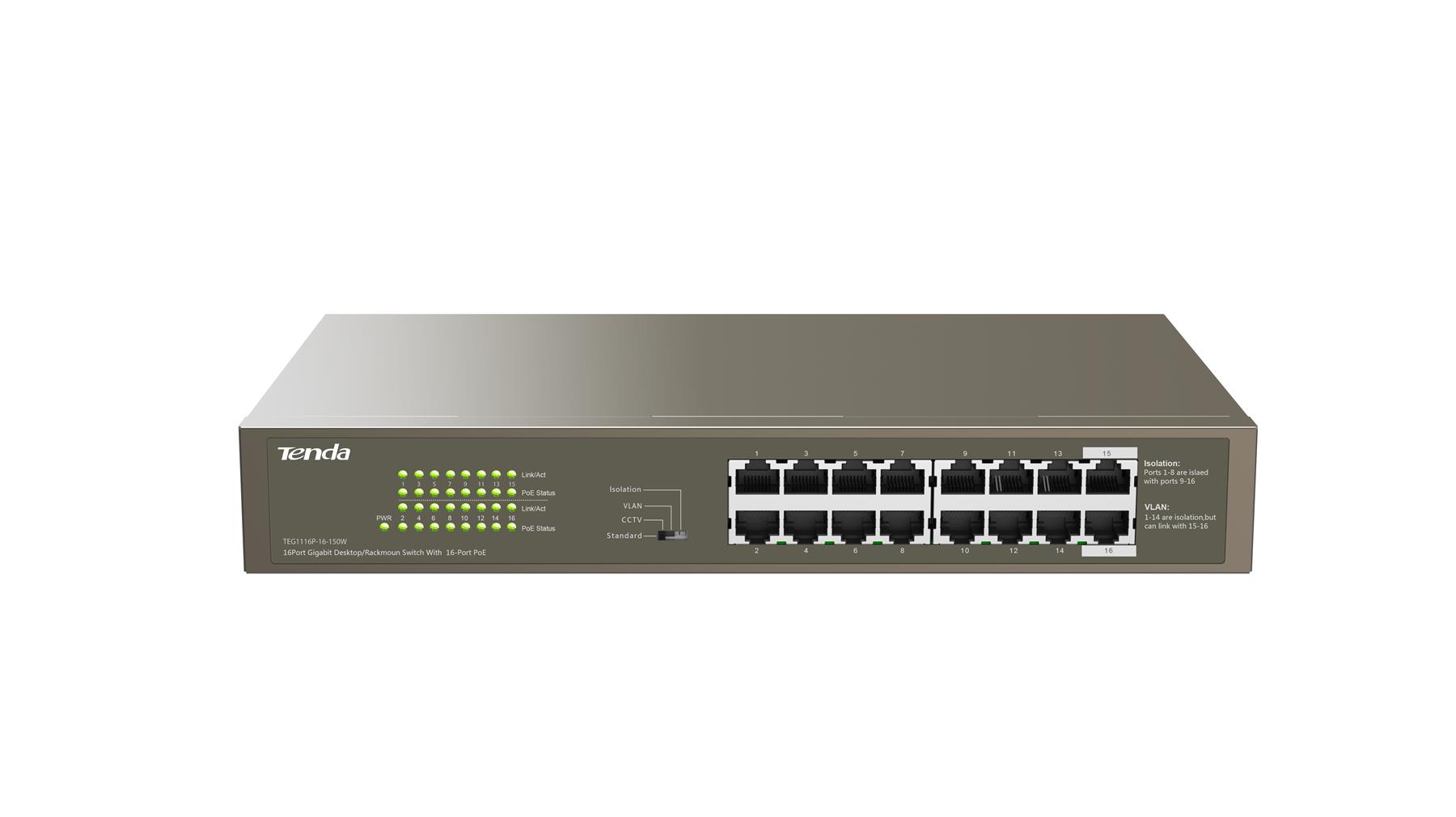 Tenda TEG1116P-16-150W 16-Port Gigabit Desktop/Rackmount Switch With 16-Port PoE