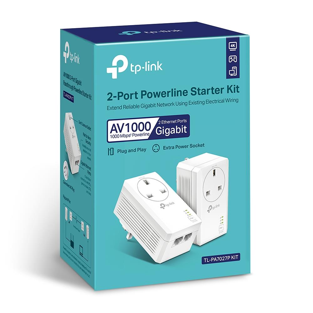 TP-Link TL-PA7027P KIT AV1000 2-Port Gigabit Passthrough Powerline Starter Kit UK - White