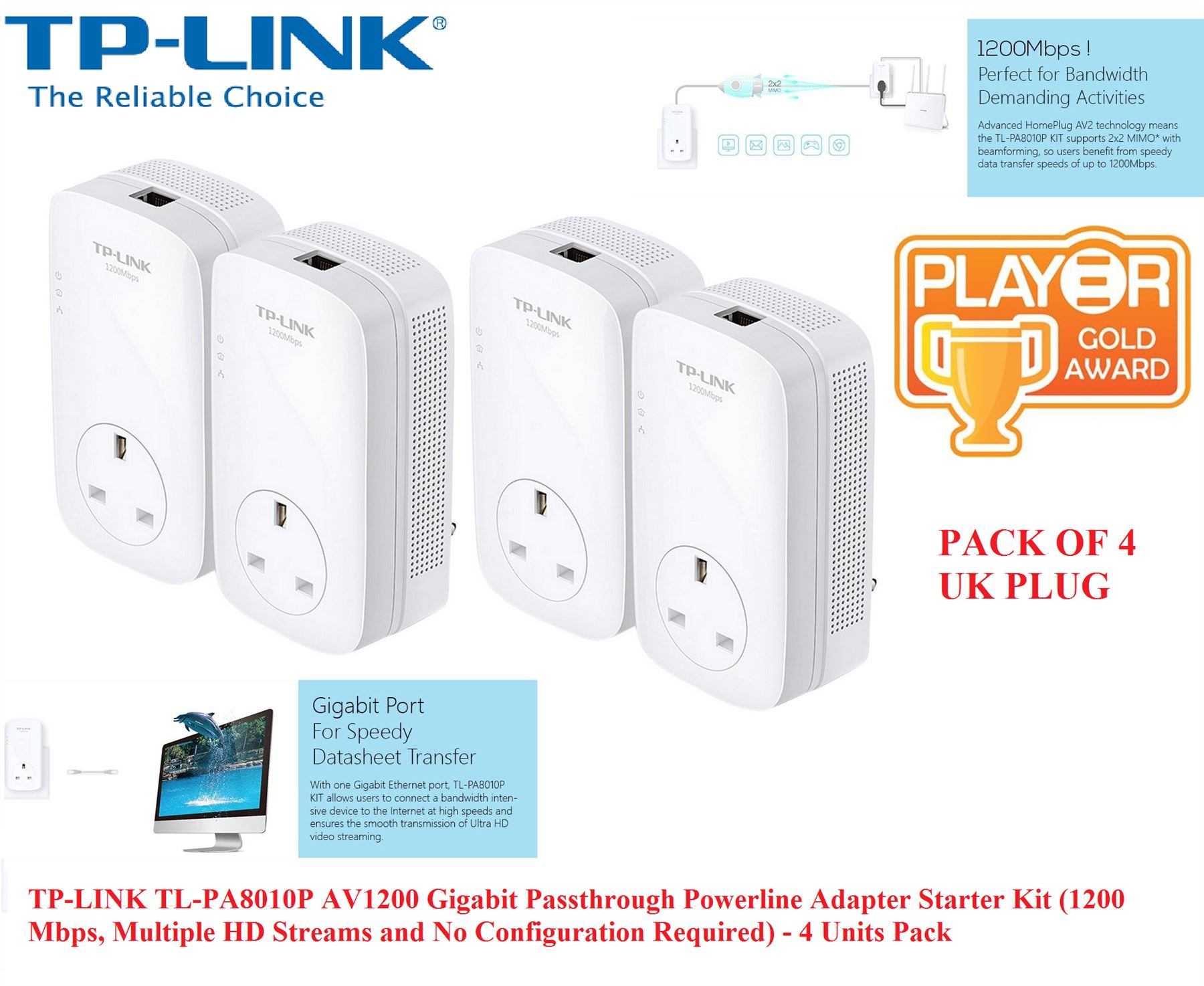 TP-Link TL-PA8010P AV1300 Gigabit Passthrough Powerline Gaming Plug 1300Mbps X 4 Manufacturer Refurbished