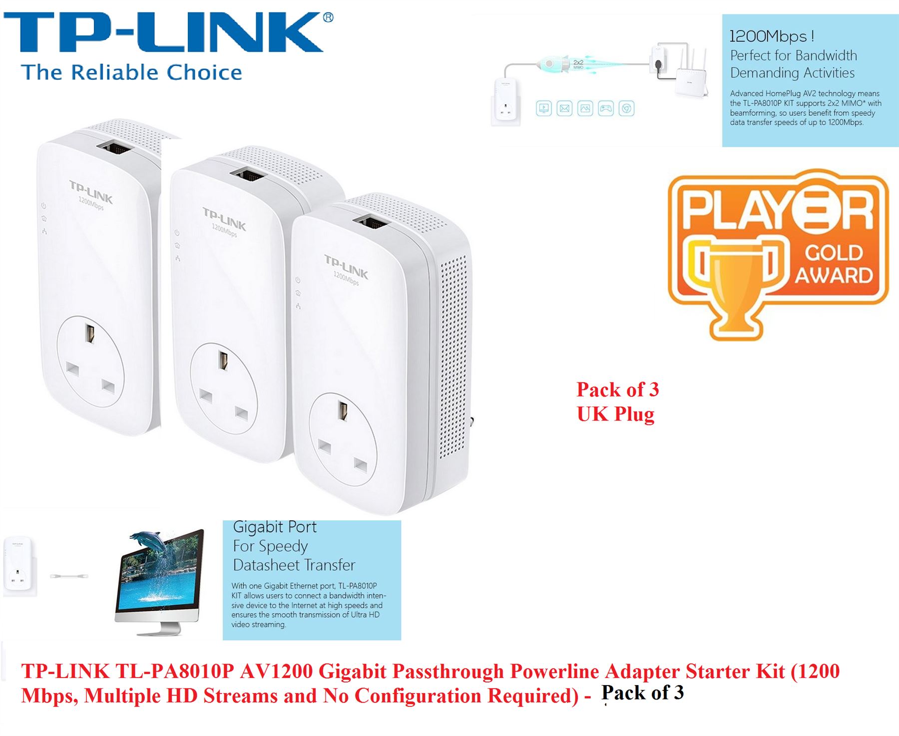 TP-LINK TL-PA8010PKIT AV1200 Gigabit Passthrough Powerline Adapter Starter Kit