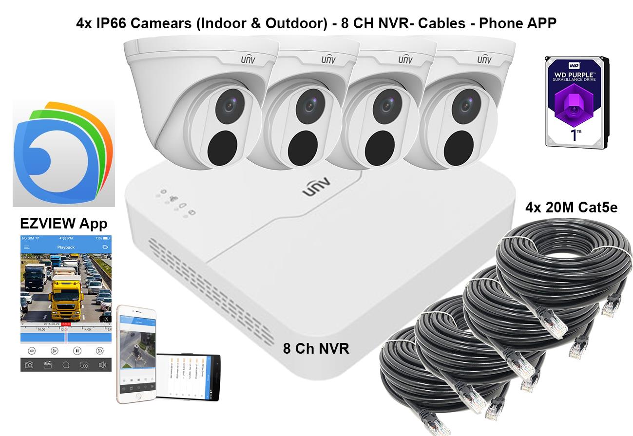 Uniview 8 Channel NVR 2MP HD NVR301-08LB-P8 & 4 x 2MP 2.8mm Turret IP Cameras CCTV KIT 1TB