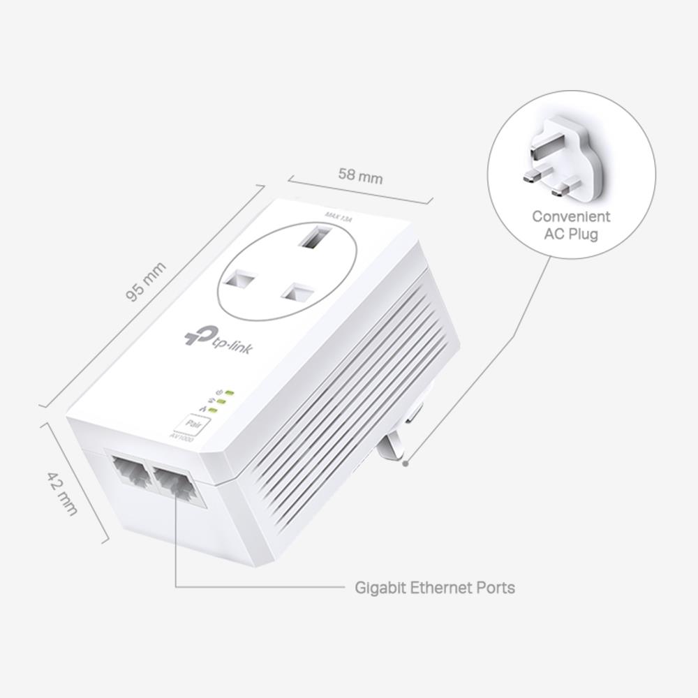 TP-Link TL-PA7027P AV1000 2-Port Gigabit Passthrough Powerline Single Plug UK-Refurbished