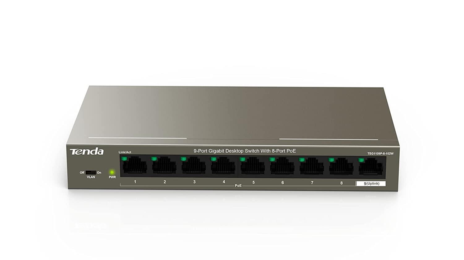Tenda 9 Port Gigabit PoE Ethernet Network Switch with 8 PoE Port Up to 102W Plug & Play