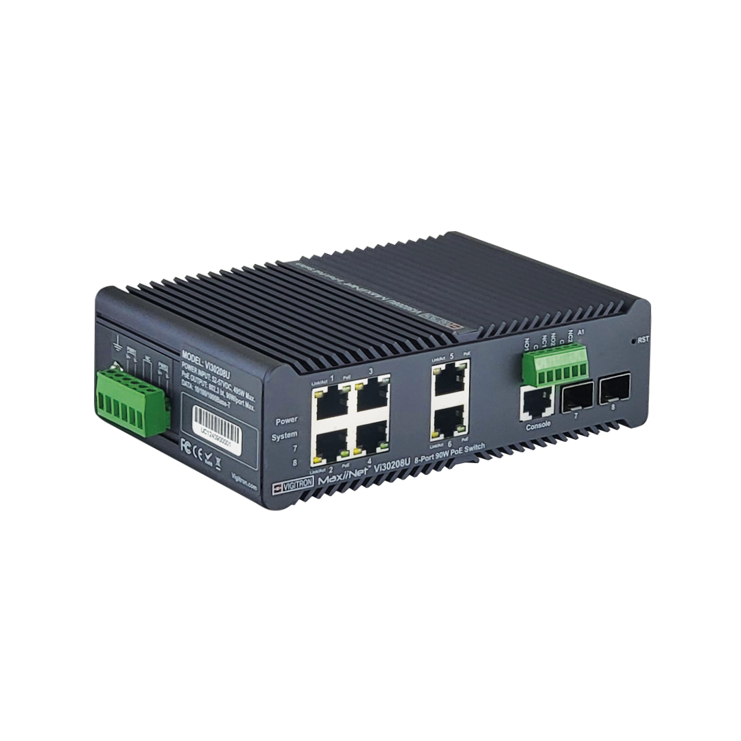 Vigitron Port MaxiiNet Managed Hardened 4+2+2-Port, L2+, 90W PoE, 1G Industrial Ring Switch - Vi30208