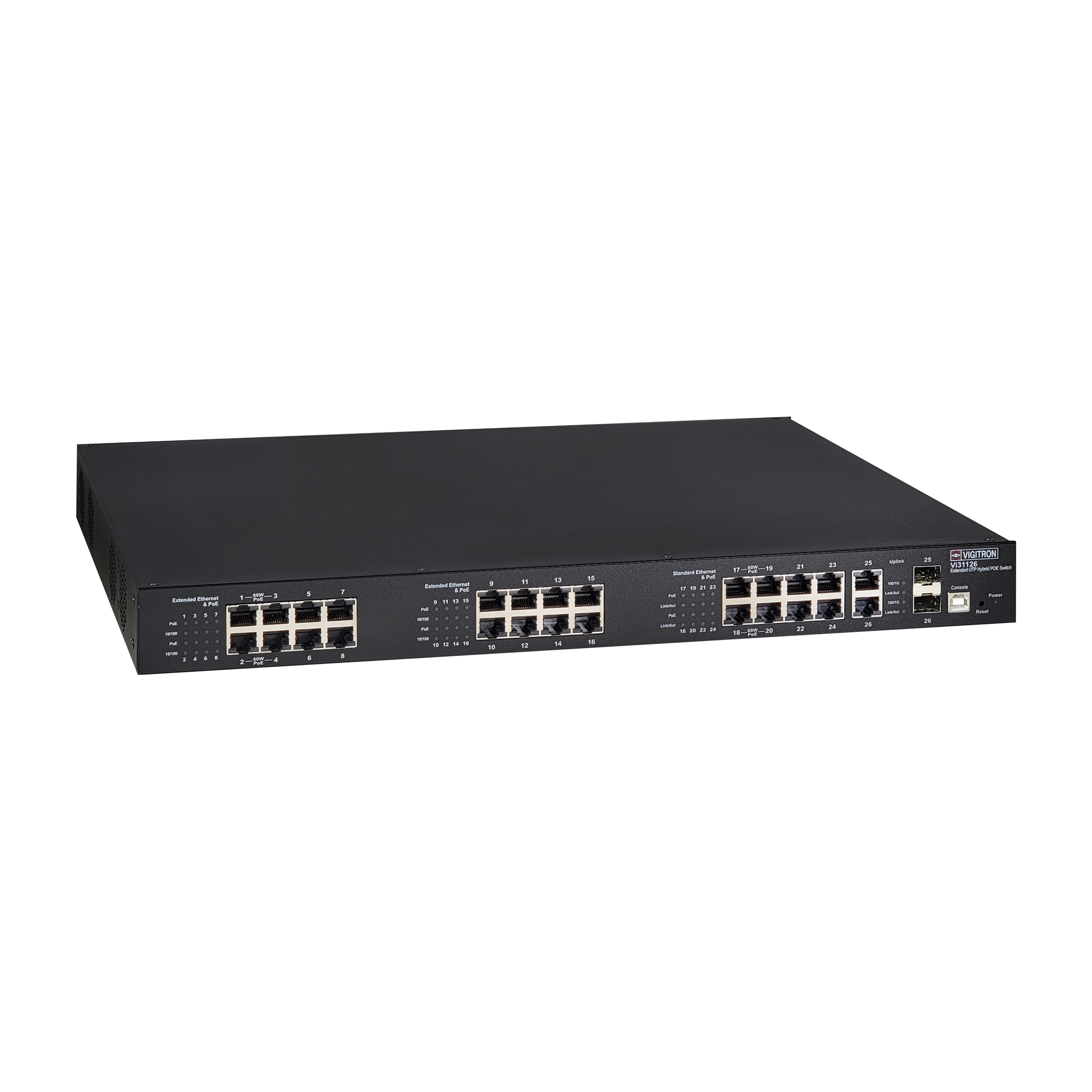 Vigitron MaxiiNet 26-Port, 16-Port Extended UTP, 8-Port Standard, L2, Hybrid PoE Switch - Vi31126