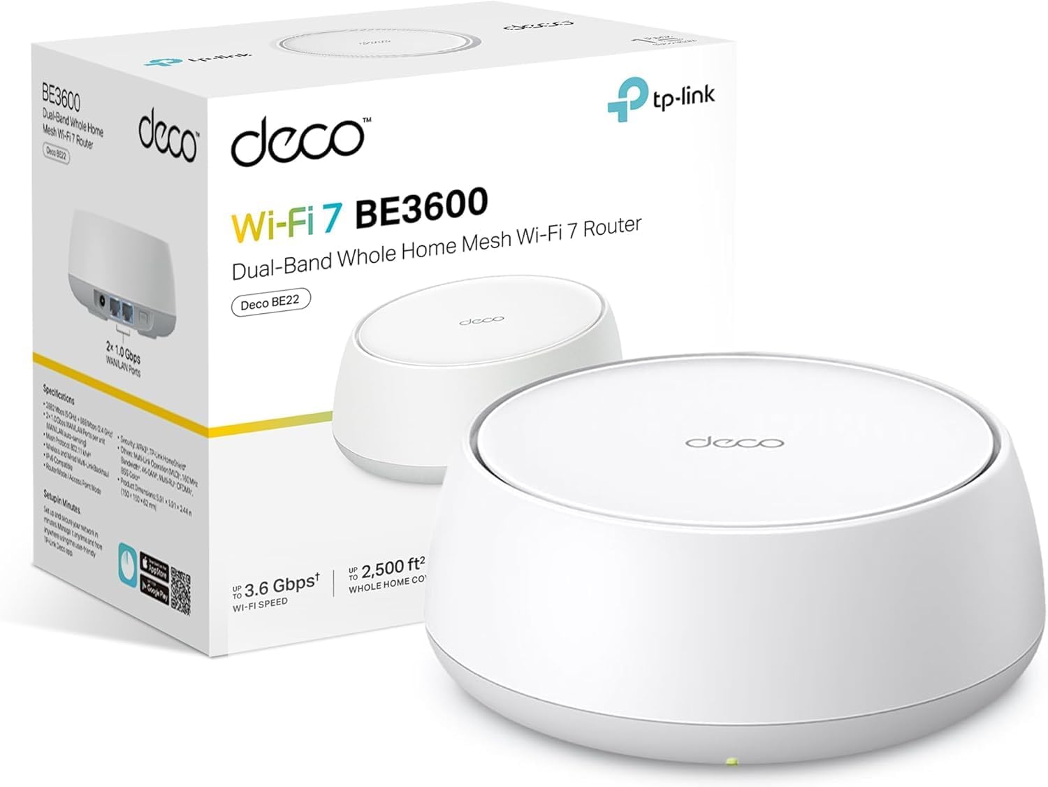 TP-Link Deco BE22(1-pack) Whole Home WiFi 7 Mesh System BE3600Mbps AI