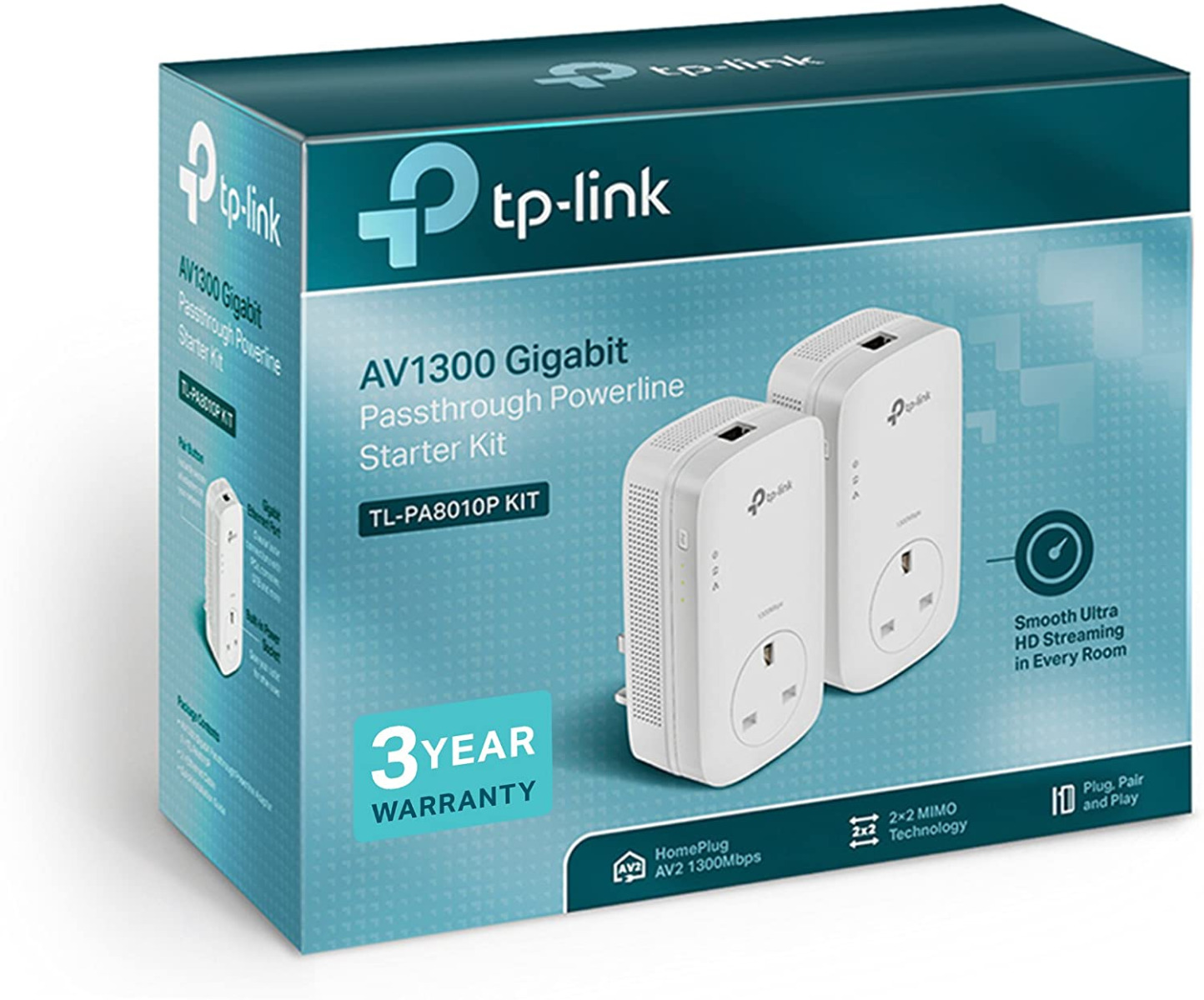 TP-Link TL-PA8010P AV1300 Gigabit Passthrough Powerline Gaming CCTV TV Plug 1300Mbps 2 Pack - Refurbished