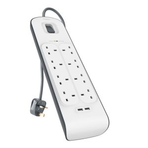 Belkin BSV804af2M Surge Protected 8-Socket Extension Lead with USB 2m UK - White